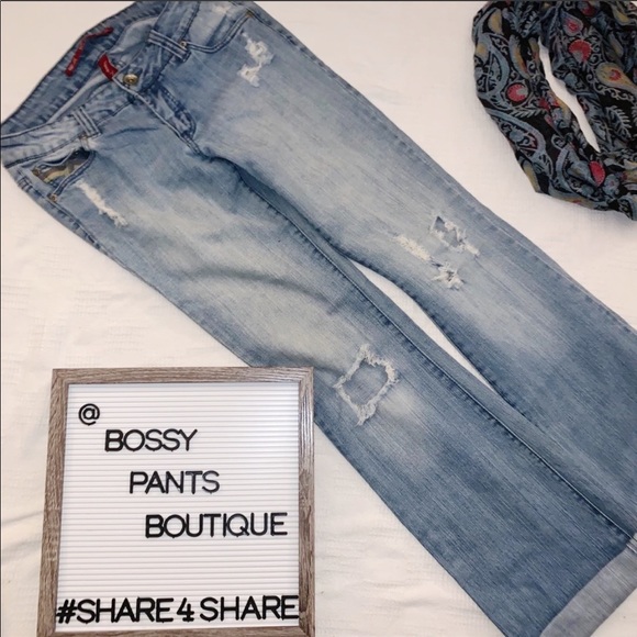 Highway Jeans Denim - Distressed Light Wash Boot Leg Jeans Size 7